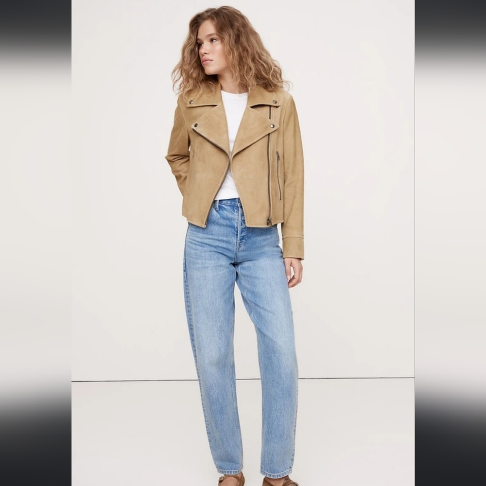Banana Republic Camel Micro Faux Suede Moto Jacket Size Medium - Picture 2 of 8